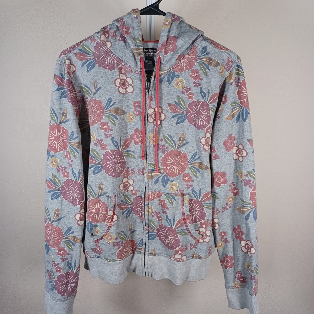Lucky Brand Y2K Hibiscus Print Flowers All Over‎ Floral Zip Hoodie Gray Large